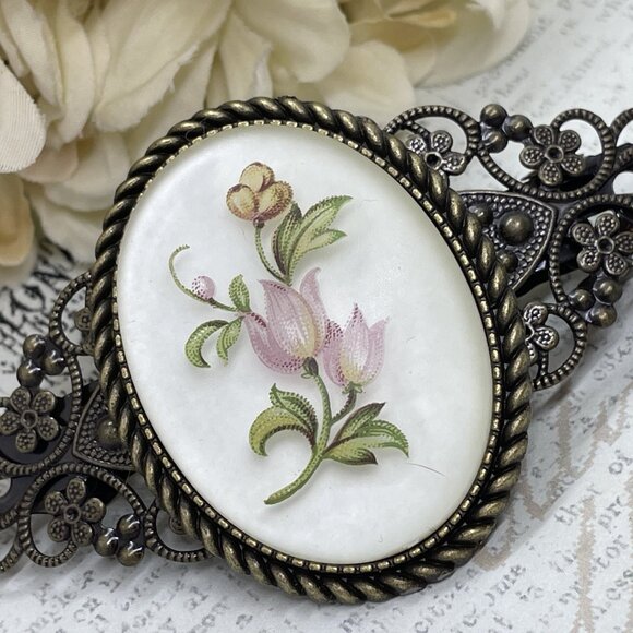 Festival  Tulip Frosted  Rose Pink Mauve Victorian Cameo Wedding Pin Hair Clip - Picture 4 of 13